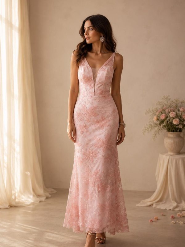 Women’s Pink Floral Lace Maxi Dress