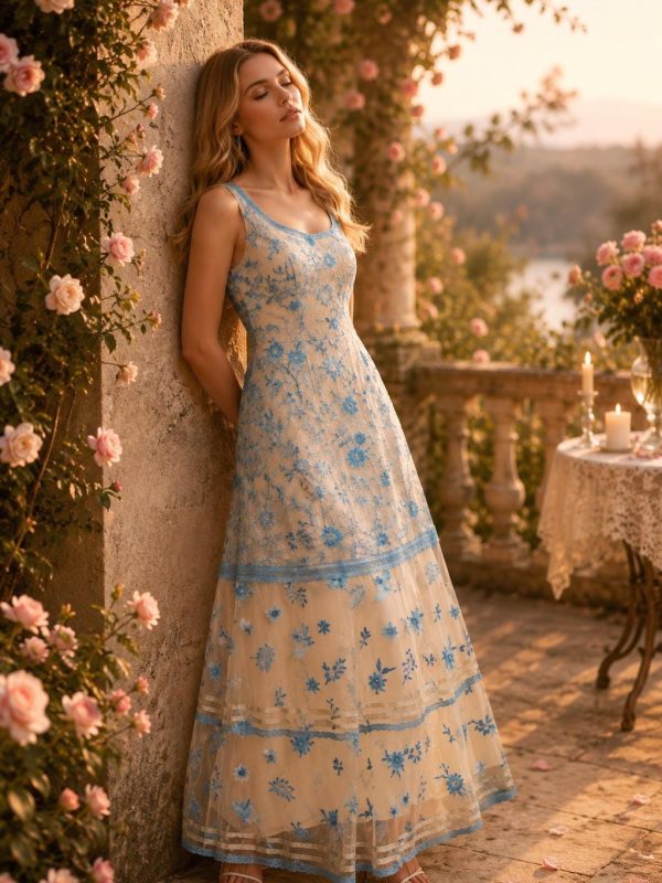 Women’s Blue Floral Embroidered Maxi Dress