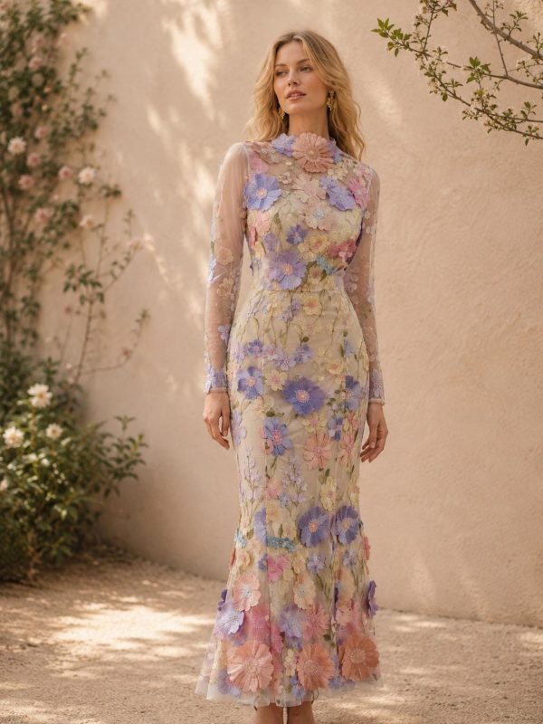 Women’s 3D Floral Applique Maxi Dress